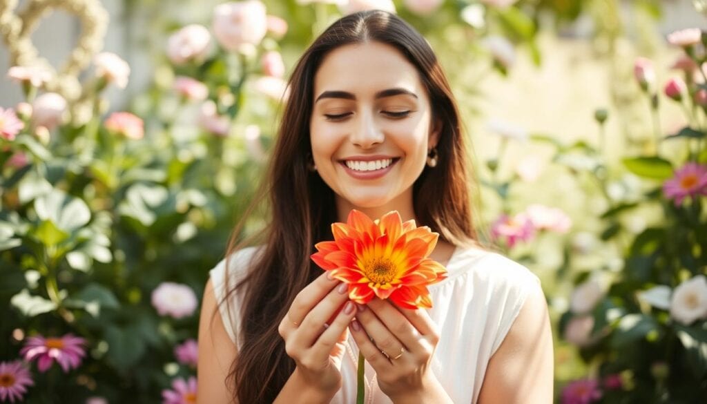 Frau lächelt und hält eine Blume