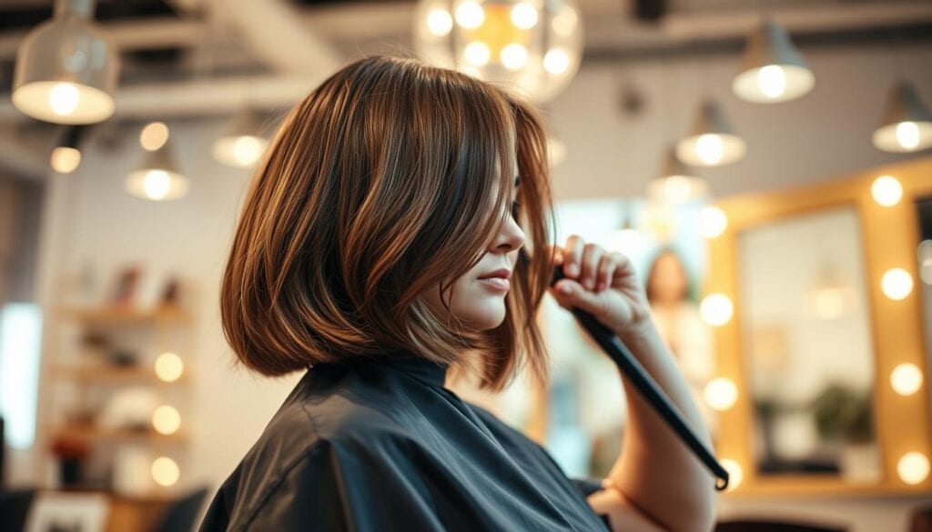 Friseur beim Schneiden eines gestuften Bobs
