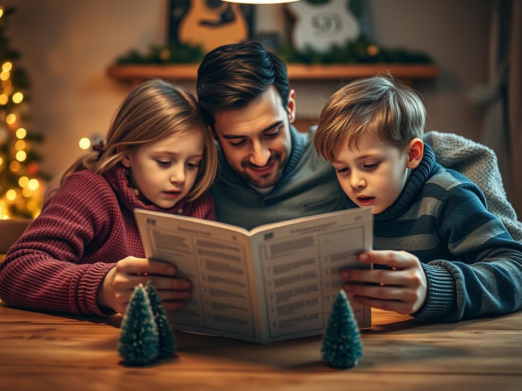 Familie beim gemeinsamen Lesen von Adventskalender Texte