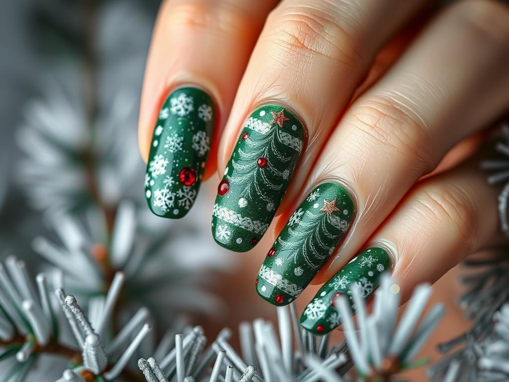 Kreative Weihnachtsbaum Nageldesigns winterliche Nagelkunst