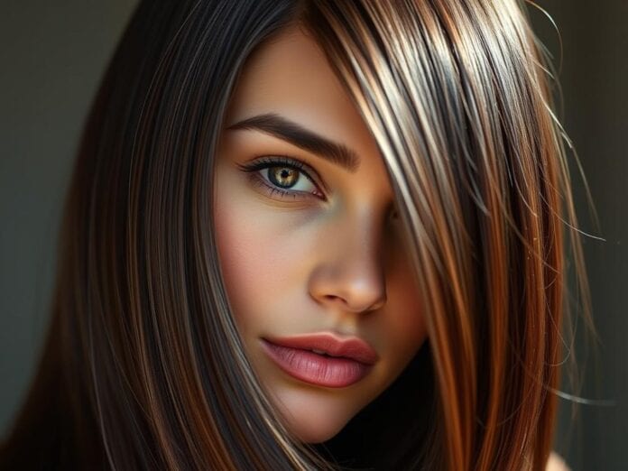 Dunkelbraune Haare mit Highlights glatt