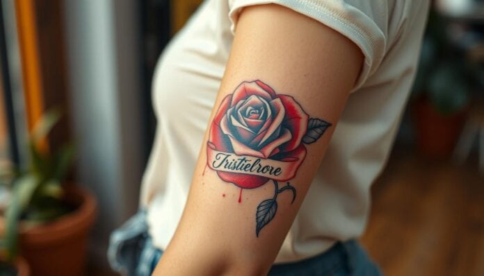 Tattoo Arm Frau Rosen mit Spruch