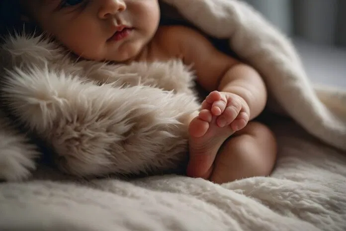 Ein Babyfuß, der aus einer flauschigen Decke hervorragt