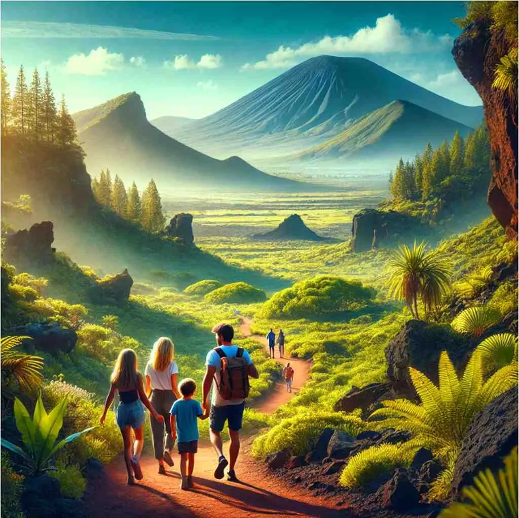 Familie, die einen üppigen Naturpark auf den Kanarischen Inseln erkundet