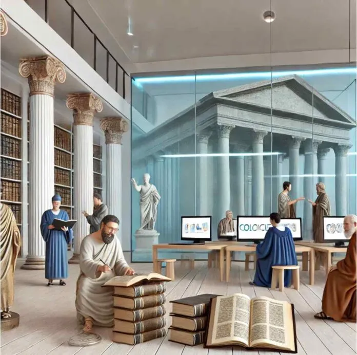 Eine akademische Bibliothek, die antike und moderne Elemente verbindet