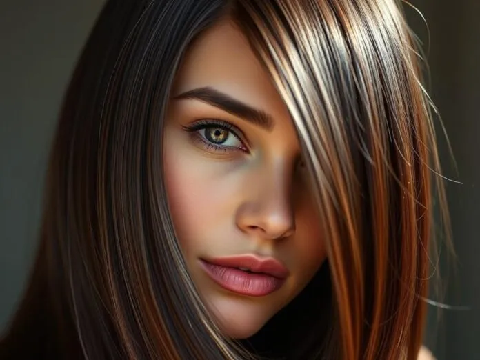 Dunkelbraune Haare mit Highlights glatt