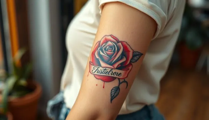 Tattoo Arm Frau Rosen mit Spruch